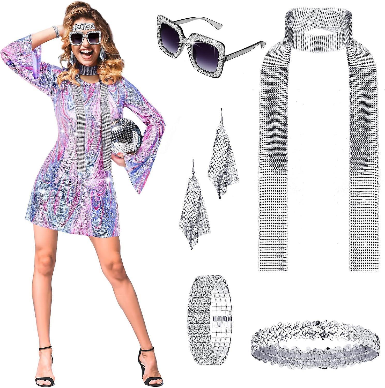 Maromalife 6 Pcs Disco Women Costume Outfit And Accessories Set 70s Dress Sequin Scarf Bracelet Earrings Headband Sunglasses Pink Large