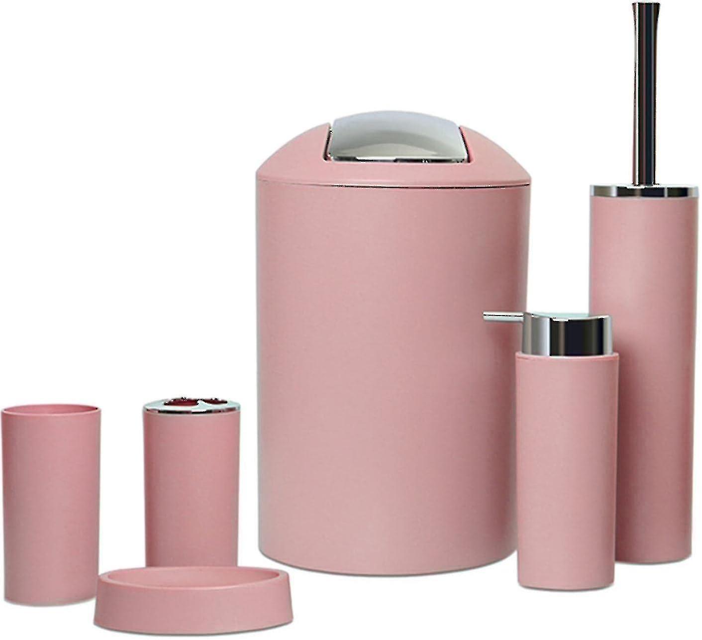 Banmo 6x 6 Piece Bathroom Accessory Set, Toilet Brush, Waste Bin, Soap Dish, Brush Holder Soap Dispenser, Rinse Cup, Pink