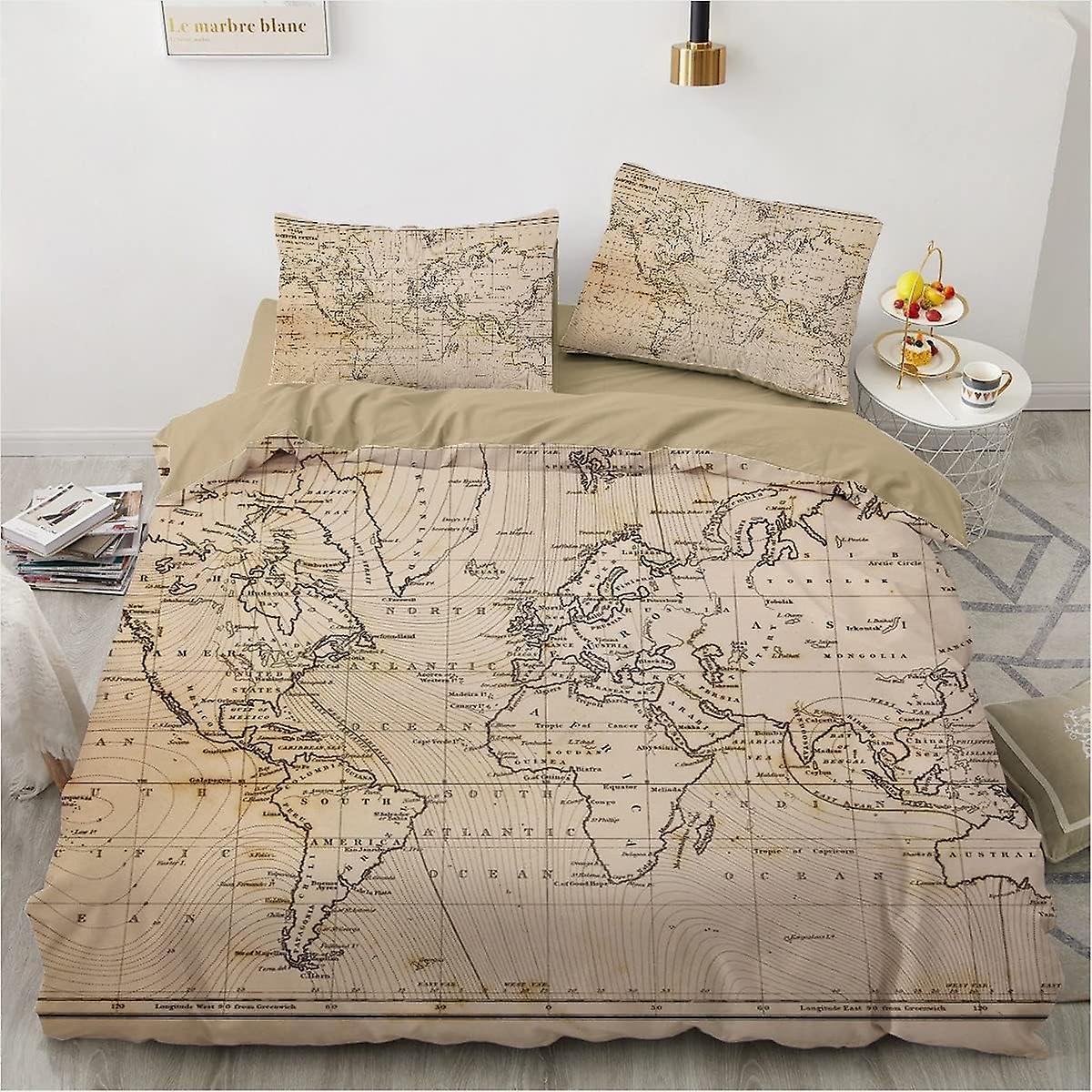 Kerota Bedding Set, World Map Duvet Cover, 3D Printed, 100% Microfiber, Soft And Comfortable, Duvet Cover 2 Pillowcase King220x240cm