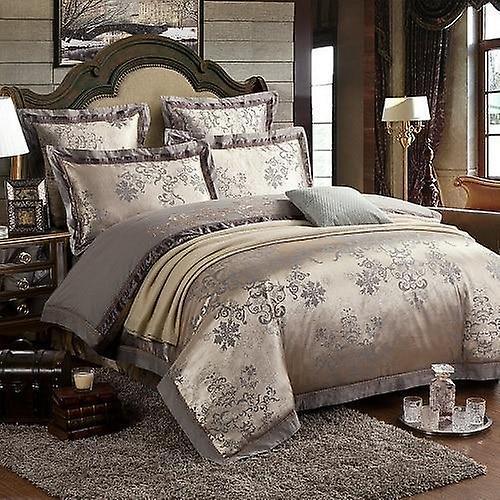 Slowmoose Silver Gold Embroidery Luxury Silk Satin Jacquard Duvet Cover Bedding Set Queen 4Pcs / Bed sheet style