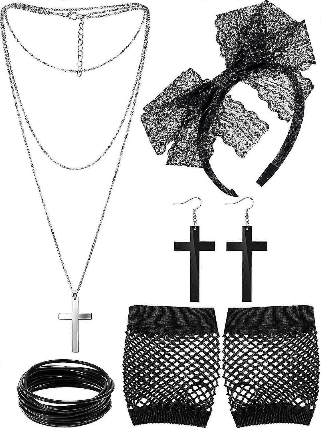 Phwj 80s Costume Accessories, Lace Headband, Earrings , Fishnet Gloves & Necklace Bracelet Black