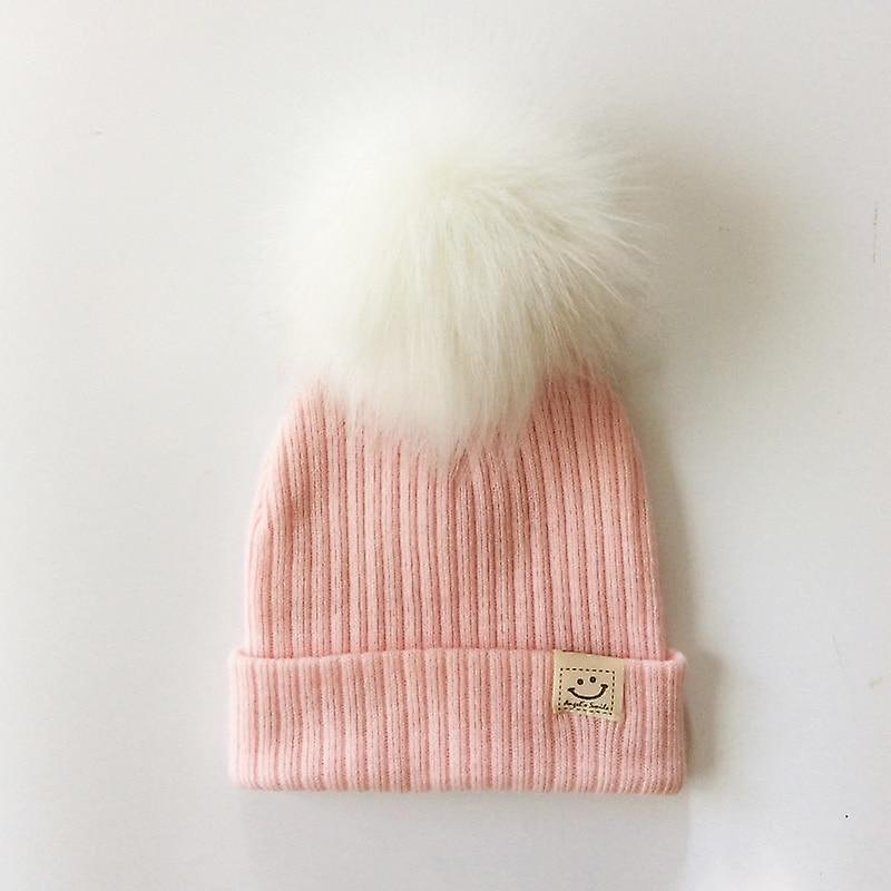 Slowmoose Winter Baby Artificial Pompom Knitted Hat, Toddler Kids Caps pink-200004890