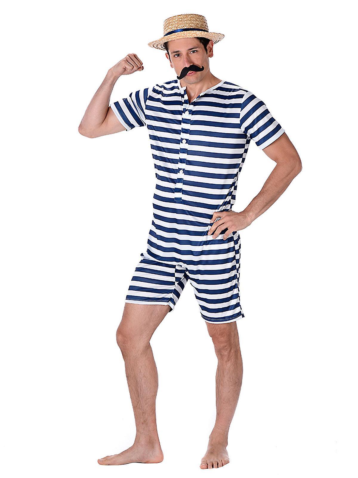 Men's retro blue and white striped swimsuit costume blue/white