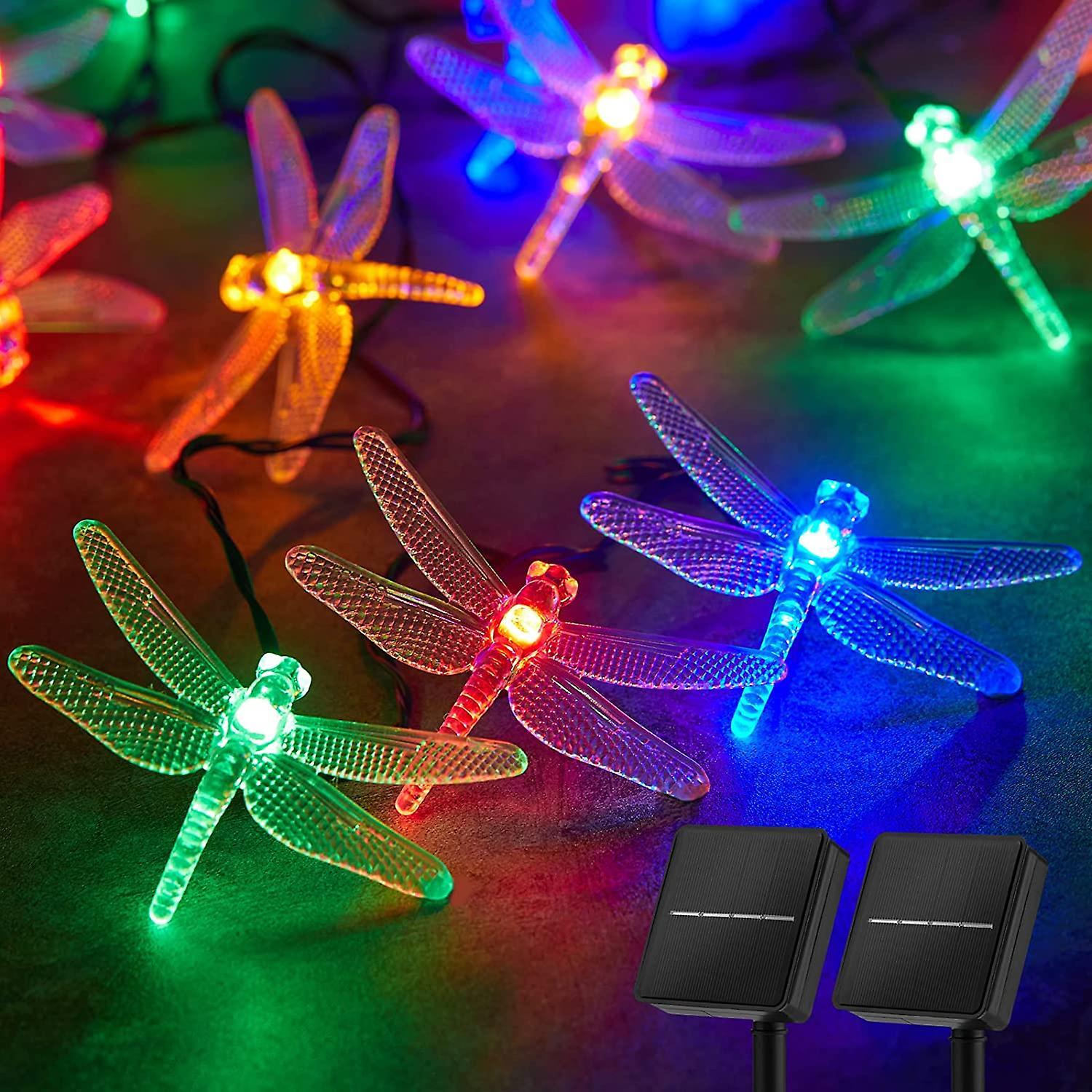 Heytea Pack Multicolor Dragonfly Solar String Lights Outdoor Waterproof, 30 Leds 6.5m Each, Solar String Lights With 8 Lighting Modes, Solar Powere...