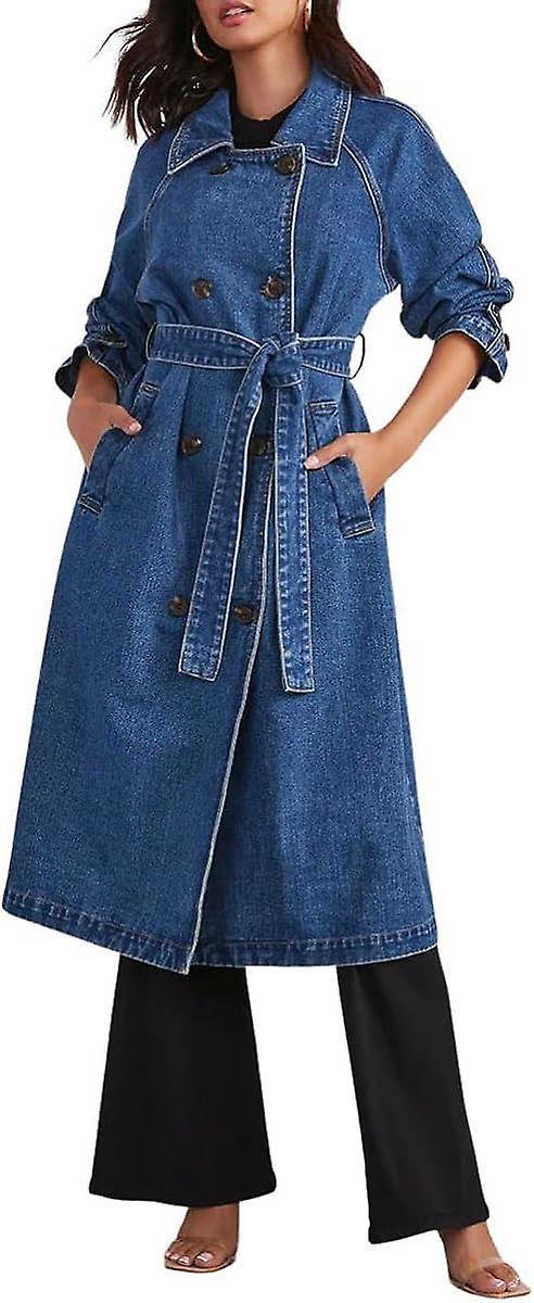 Morakot Women's Vintage Midi Long Jean Jacket Loose Fit Double Breasted Denim Jacket Trench Coat With Belt Denim Blue X-Large