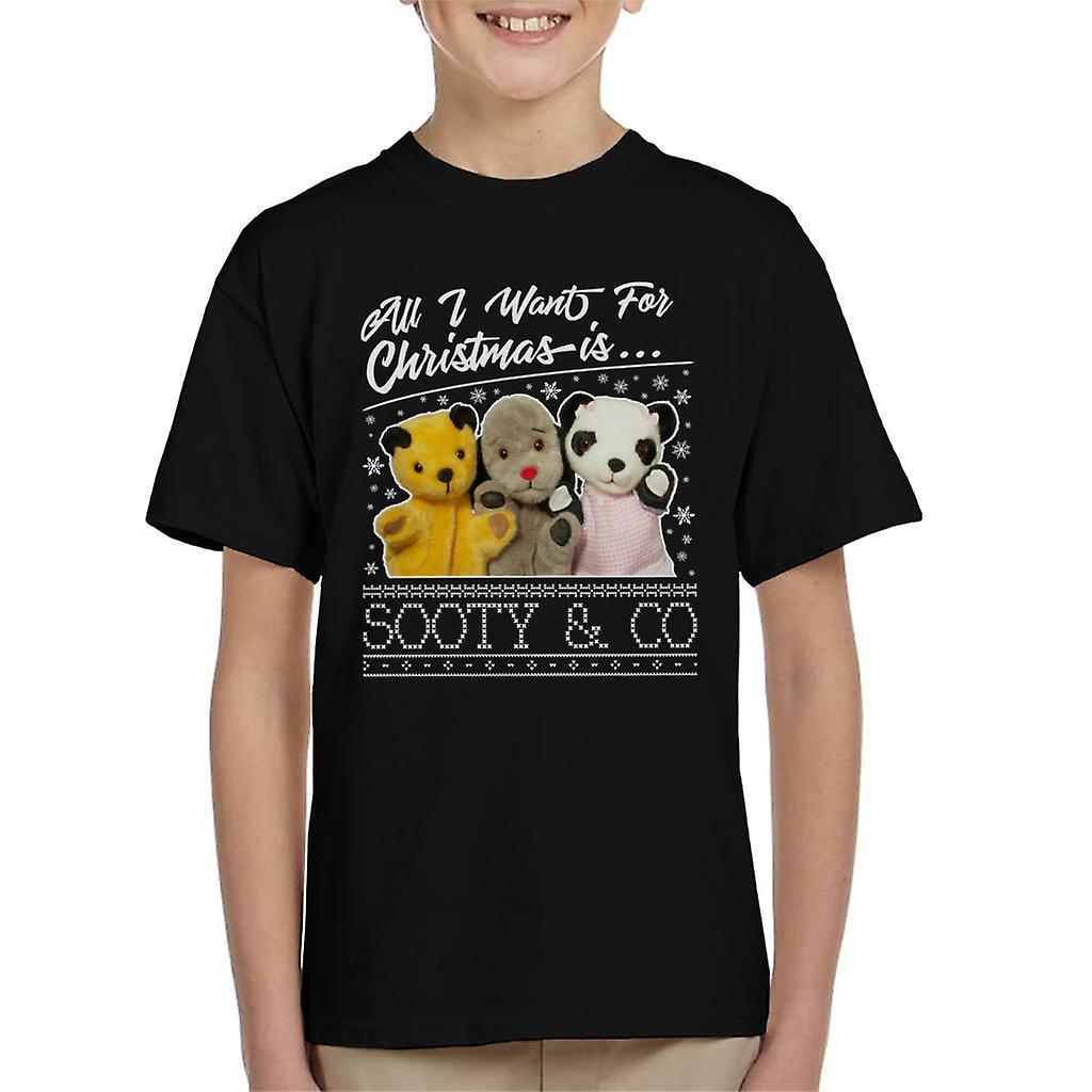 Sooty Christmas All I Want For Christmas Is Sooty And Co Kid's T-Shirt Black X-Small (3-4 yrs)