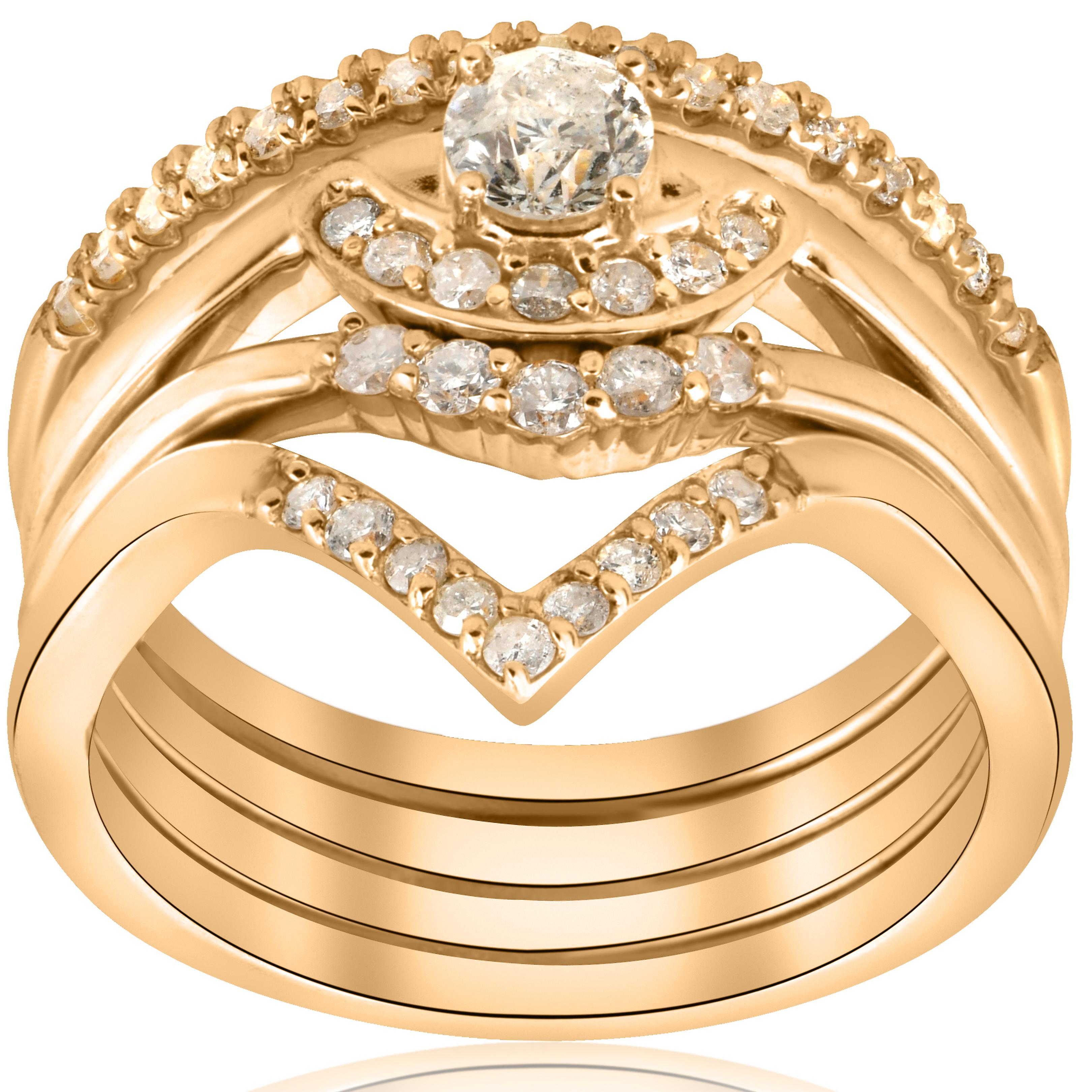 Pompeii3 1/2ct 4-Ring Stackable 10k Yellow Gold Diamond Solitaire Wedding Engagement Set 5.5