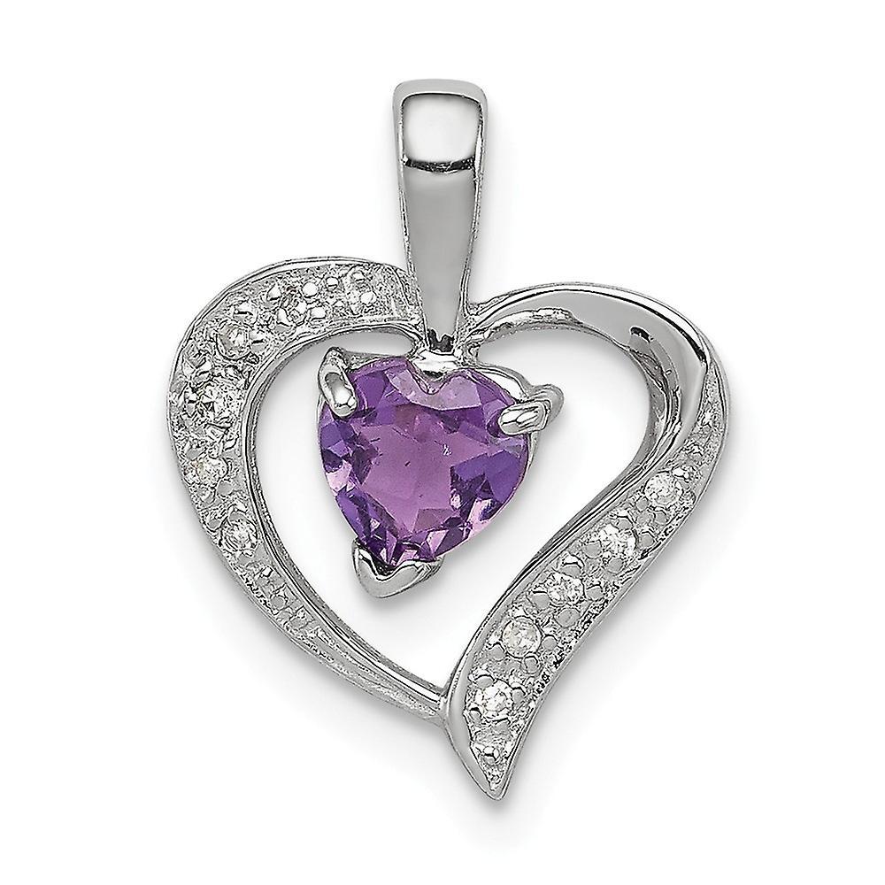 JewelryWeb 925 Sterling Silver Polished Prong set Open back Rhodium Love Heart Amethyst and Diamond Heart Pendant Necklace Measures