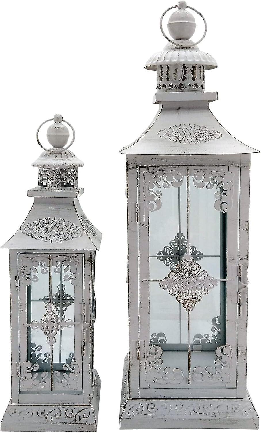 Mobili Rebecca Rebecca Mobili Set of 2 Large White Metal Lanterns Shabby Candle Holder for Indoor Outdoor