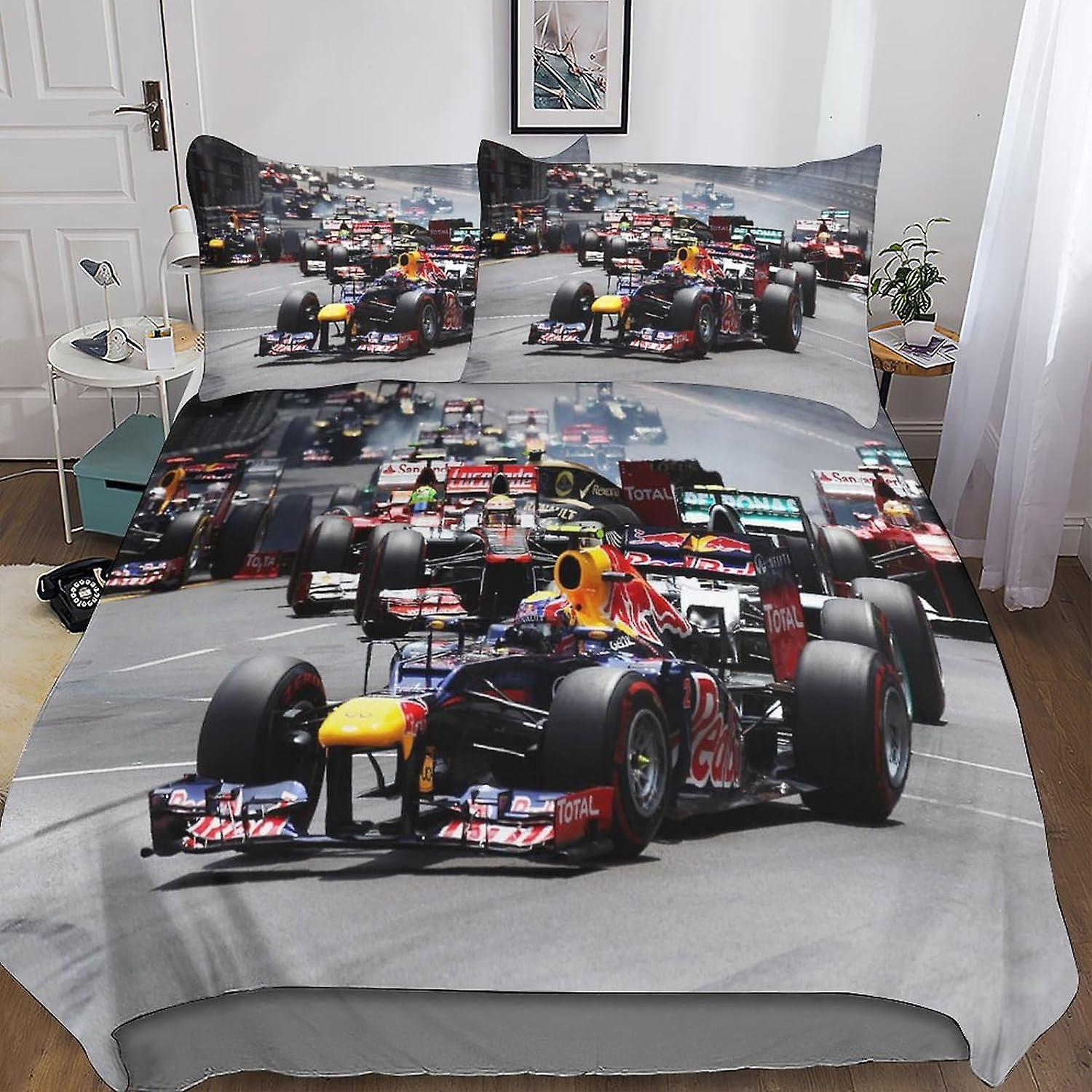 Kerota 3pcs Formula 1 Duvet Cover 3D Printed Pillowcase Bed Linen, Zipper Closure Microfiber F1 Bedding Set for Adults and Kids Single135x200cm