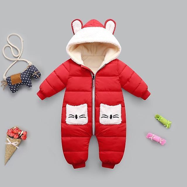 Slowmoose Newborn Winter Snowsuit, Baby Thick Cotton Warm Jumpsuit, Cute Hooded Romper Red 18M