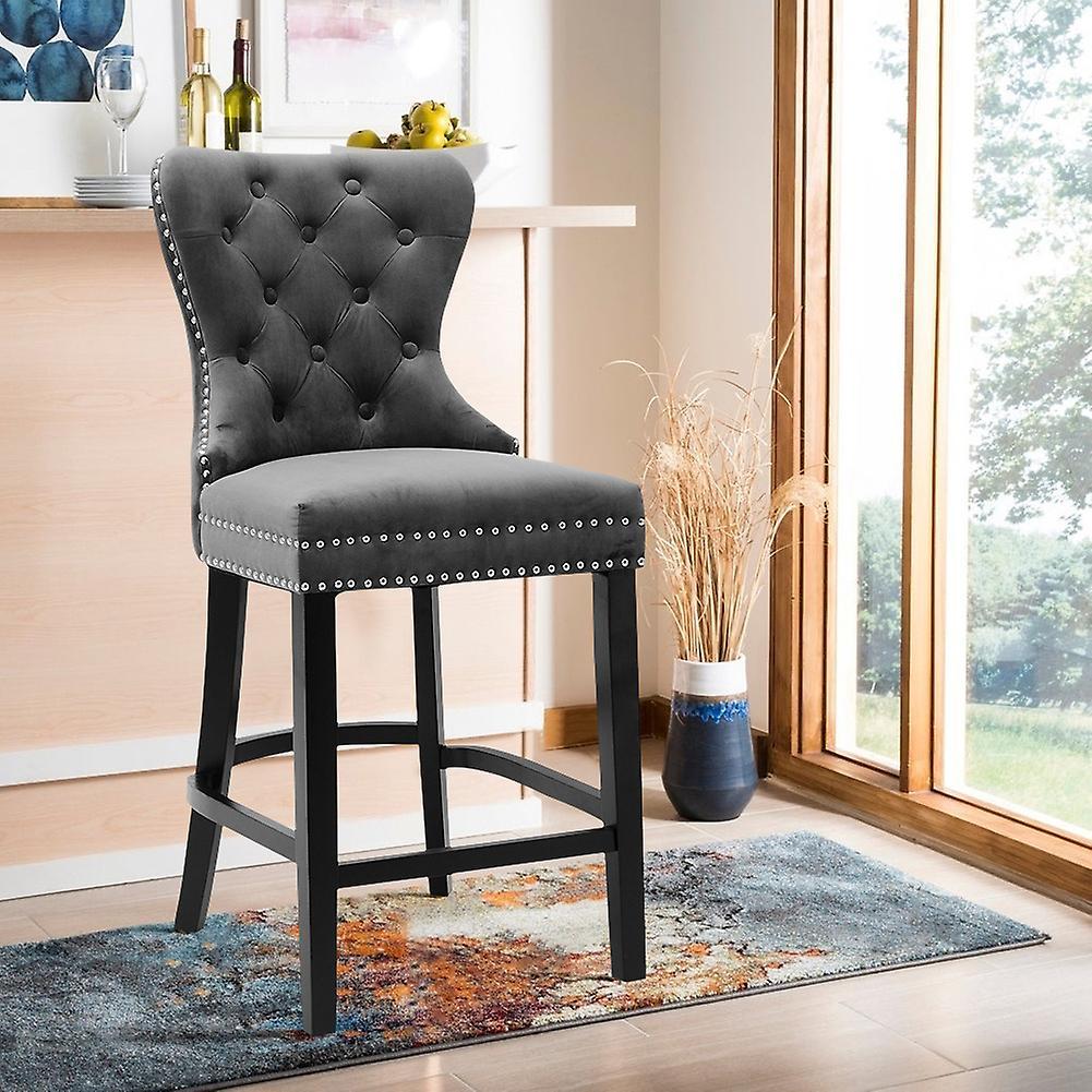 Living And Home Velvet Bar Stool Bar Chair Dining Stool for Open Kitchen Counter Grey