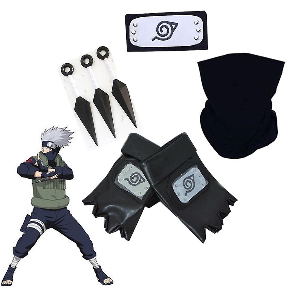 Sevenday Naruto Anime Cosplay Accessories Full Set Ninja Konoha Village Headband, Kakashi Face Mask, Gloves, Kunai Halloween Roleplay Party Props