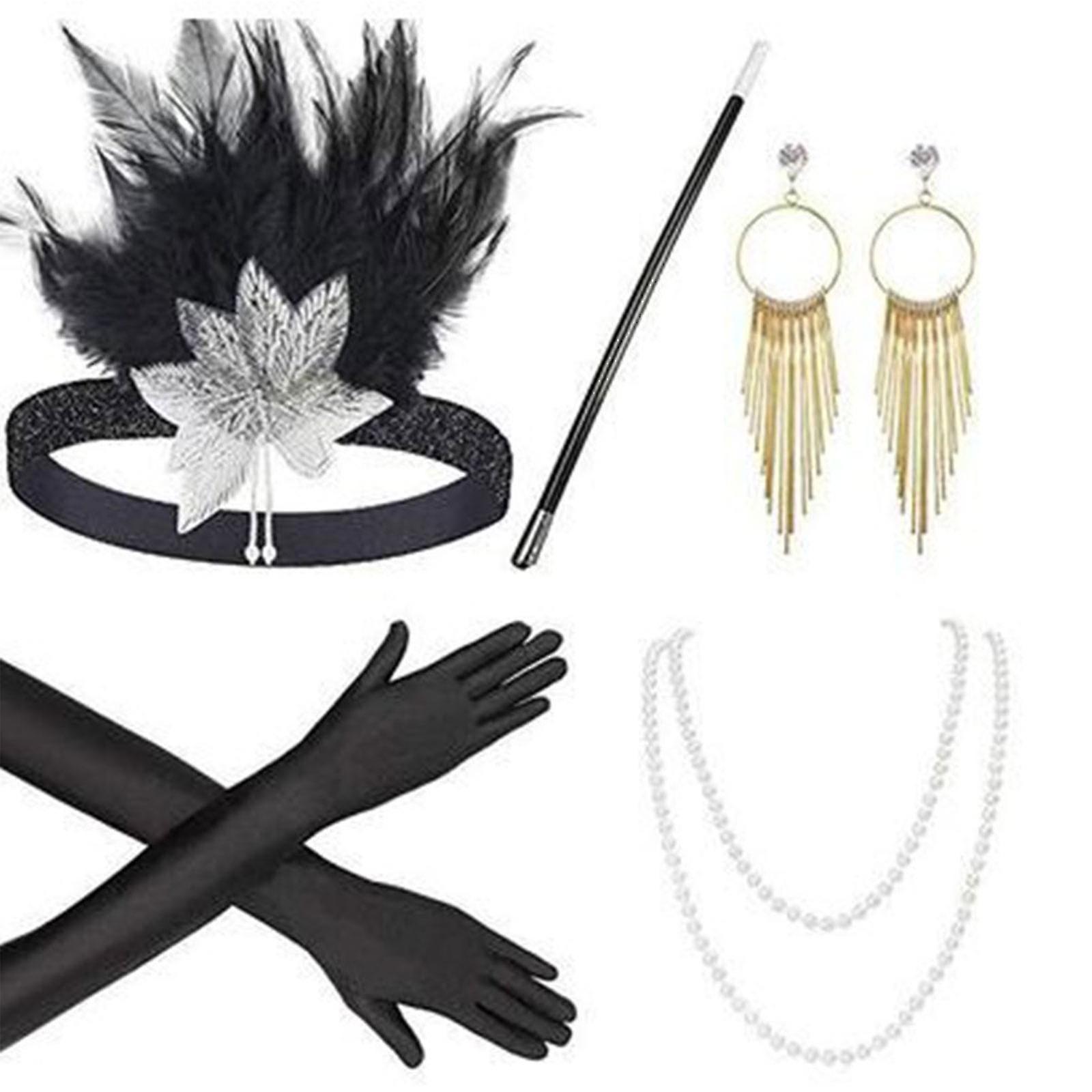 Lequeen Halloween1920s Flapper Gatsby Costume Accessories Set 20s Flapper Headband Pearl Necklace Gloves Holder black style5