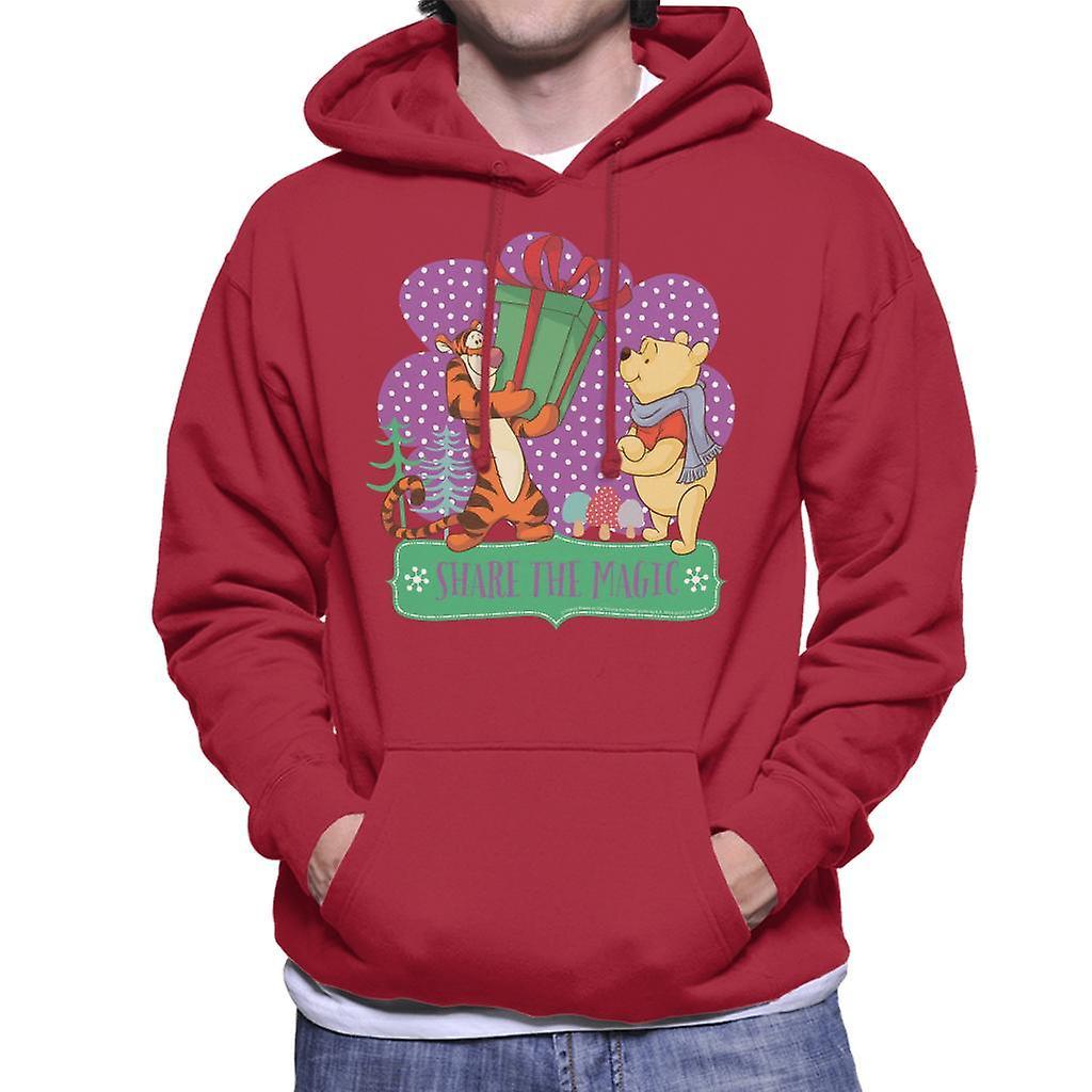 Disney Christmas Winnie The Pooh Share The Magic Men's Hooded Sweatshirt Cherry Red X-Large