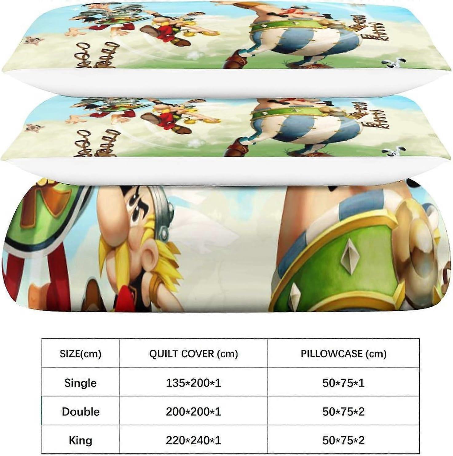 Kerota 3D Asterix Bedding Set for Boys and Teens Anime Duvet Cover, Microfiber Quilt Cover with Zipper Closure 3 Pcs Pillowcases Double200x200cm