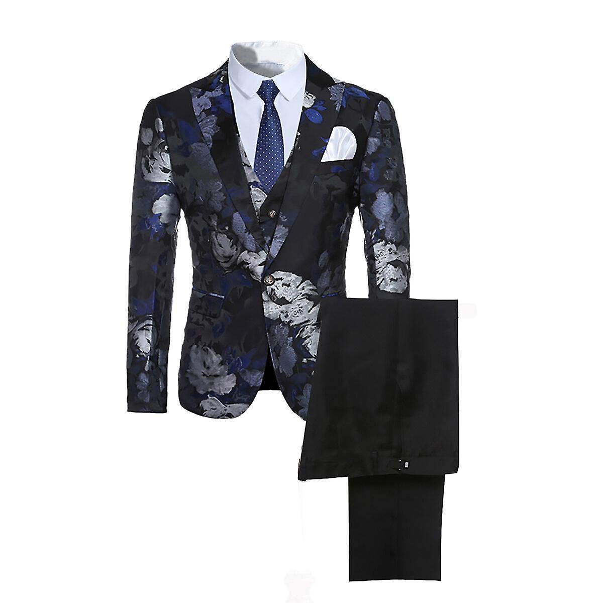 Allthemen Mens 3-piece Wedding Party Floral Slim Pant Suits Blue 3XL