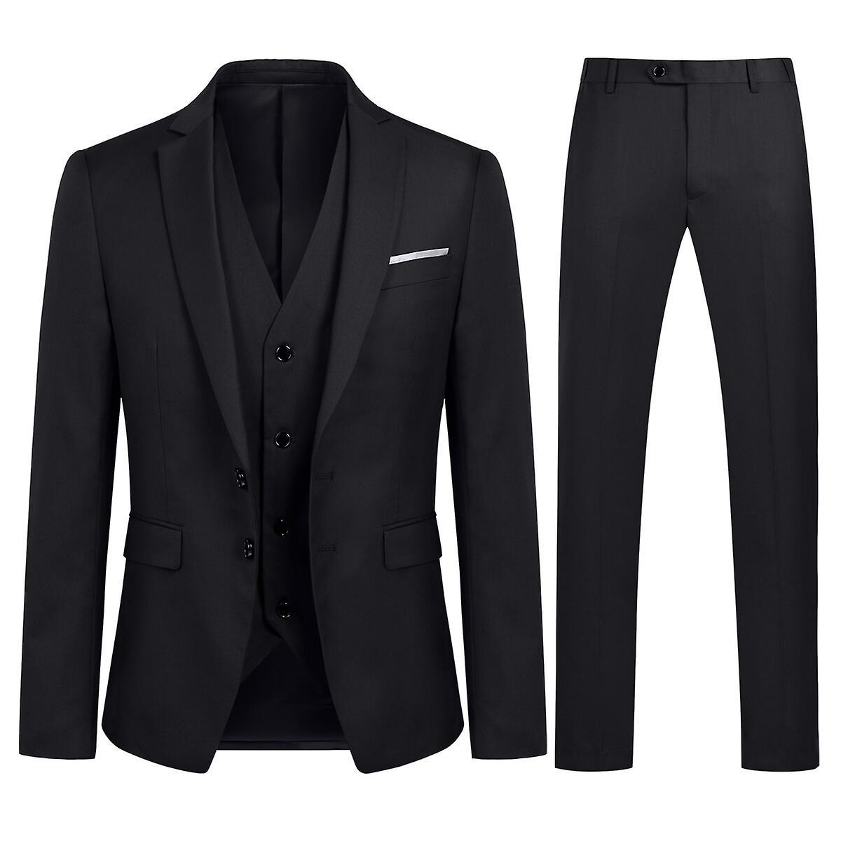 Allthemen Mens 3-Piece Suit Business Wedding Solid Color Slim-fit Blazer and Pants and Vest Black S