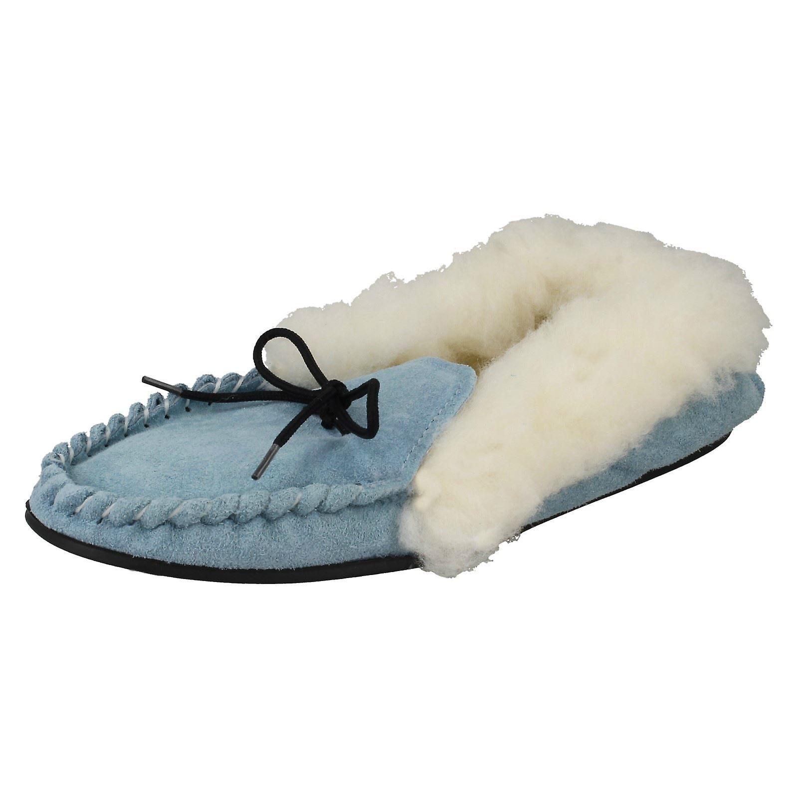 Ladies Spot On Slip On Slippers Real Suede Moccasin Light Blue (Blue) UK 5