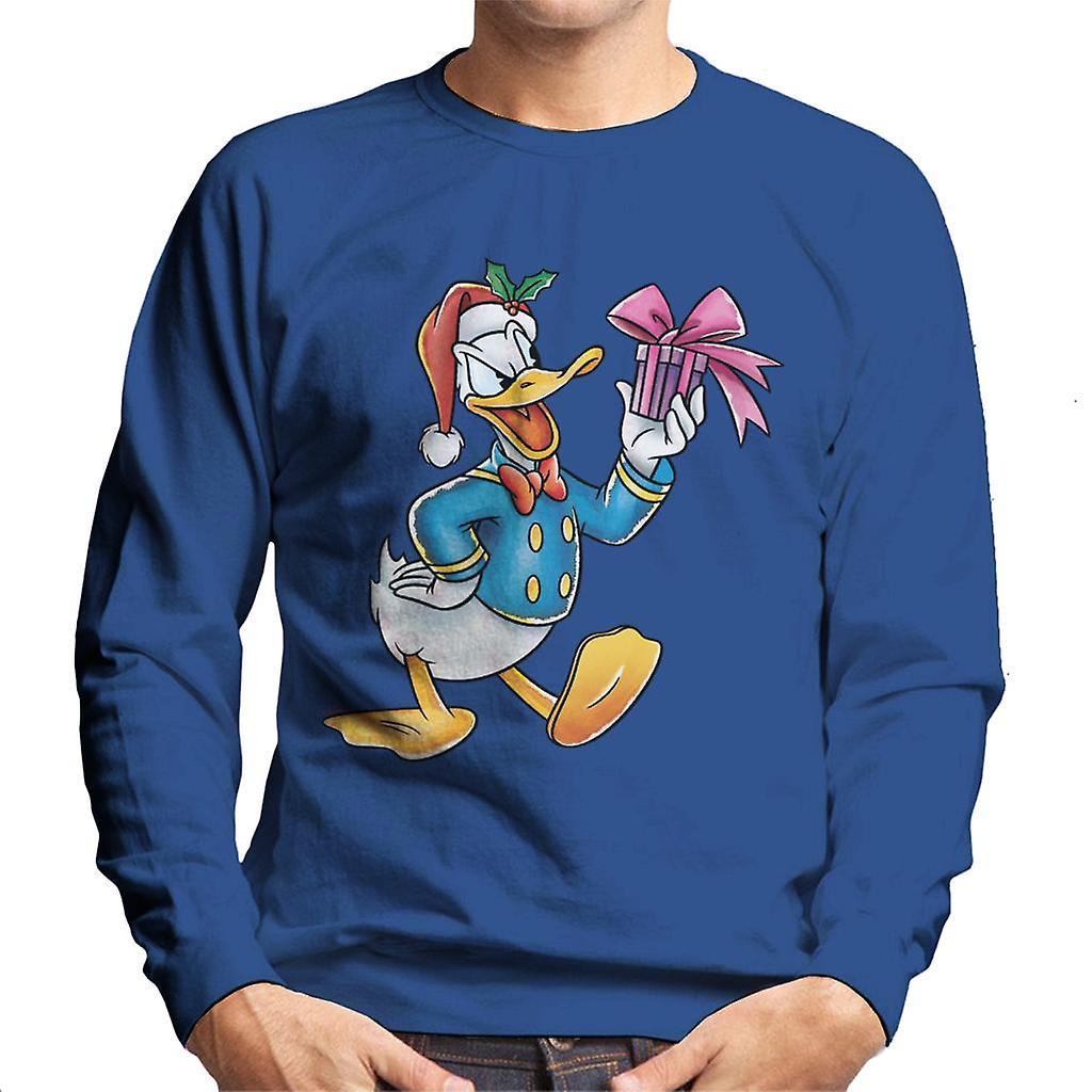 Disney Christmas Donald Duck Holding Present Men's Sweatshirt Royal Blue Medium