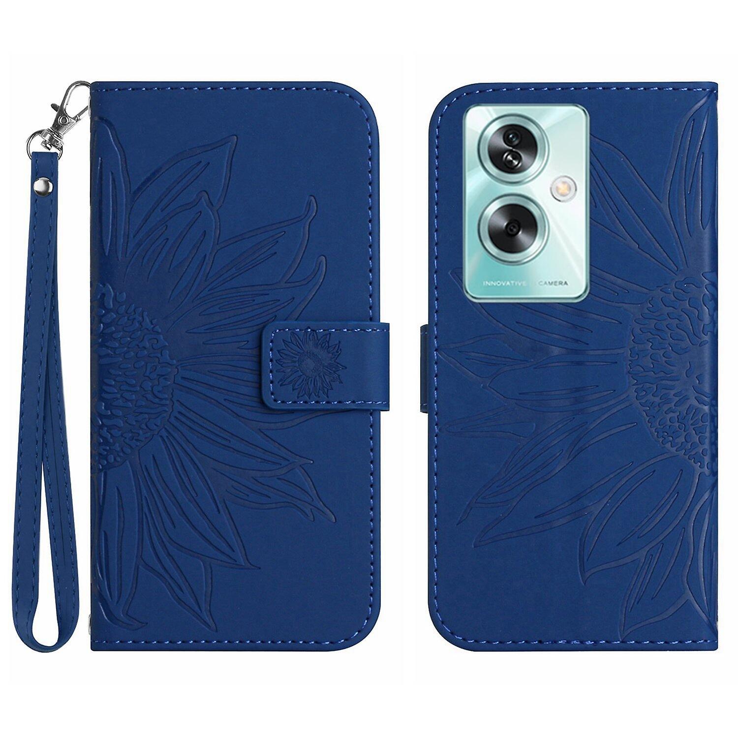 Foxdock FLOODKING Compatible With OPPO A79 5G Embossed Sunflower Magnetic Card Holder Wallet Phone Case with Short Strap Blue