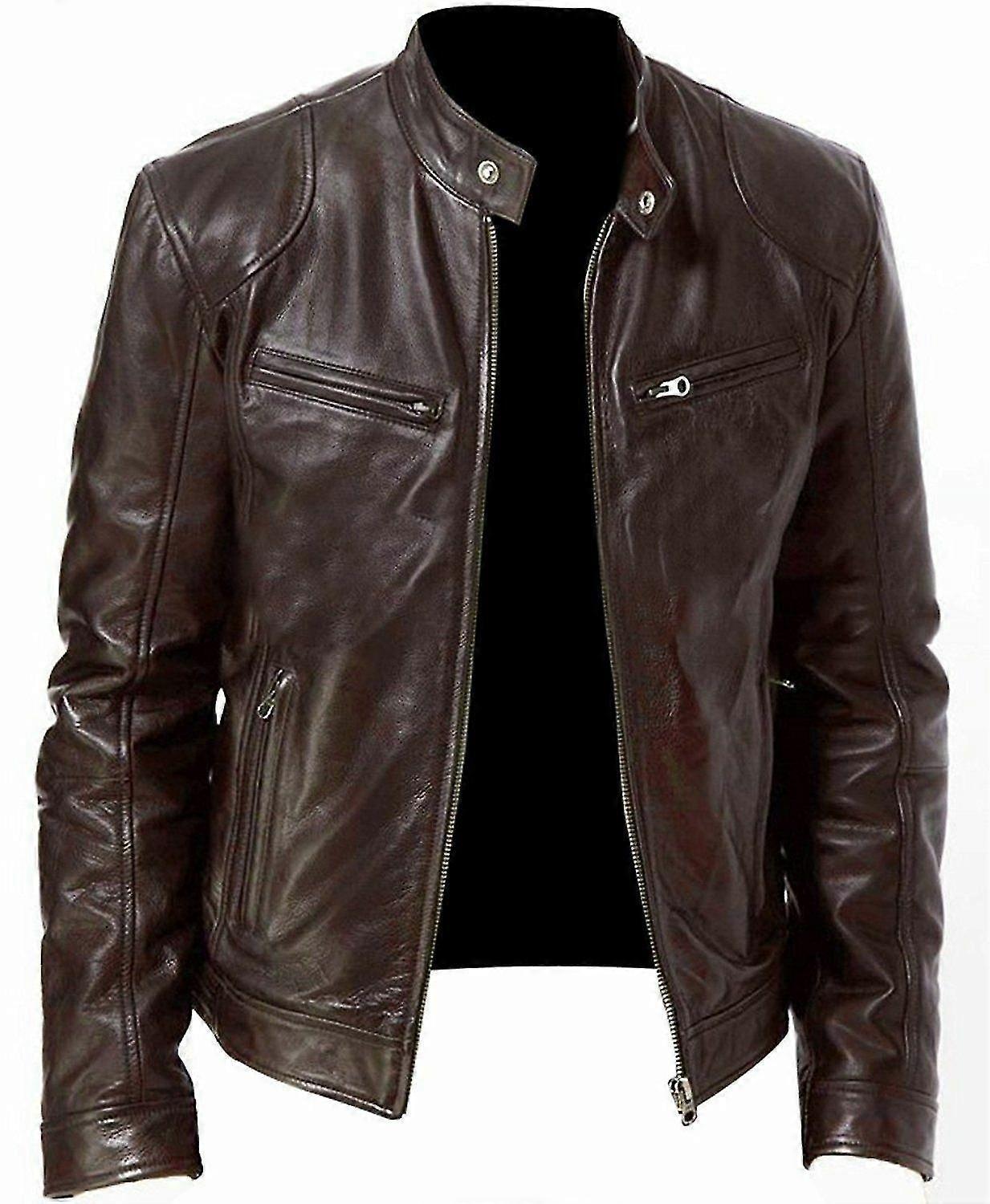 Conly Men Winter Leather Jacket Long Sleeve Zipper Slim Biker Coat Stand Collar Casual Outerwear Brown L