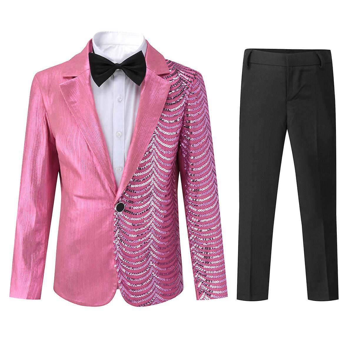 Sliktaa Boys Slim Fit Suit 2Pcs Set Sequin Wedding Party Evening Dress Pink 160CM