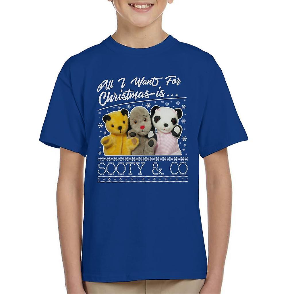 Sooty Christmas All I Want For Christmas Is Sooty And Co Kid's T-Shirt Royal Blue Large (9-11 yrs)