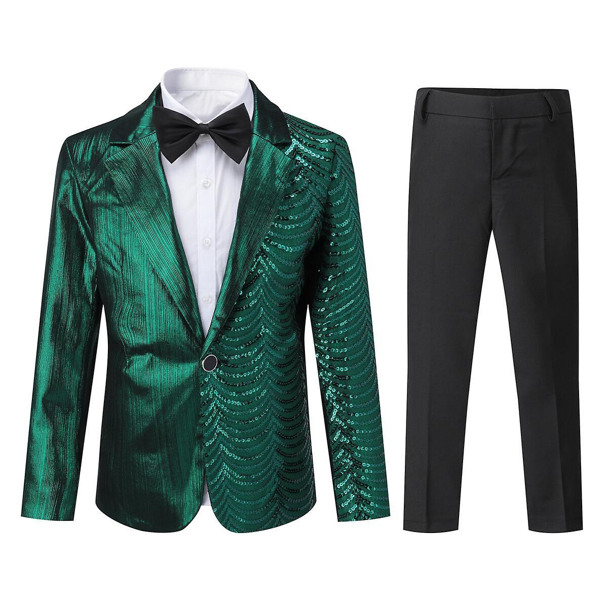 Sliktaa Boys Slim Fit Suit 2Pcs Set Sequin Wedding Party Evening Dress Green 170CM