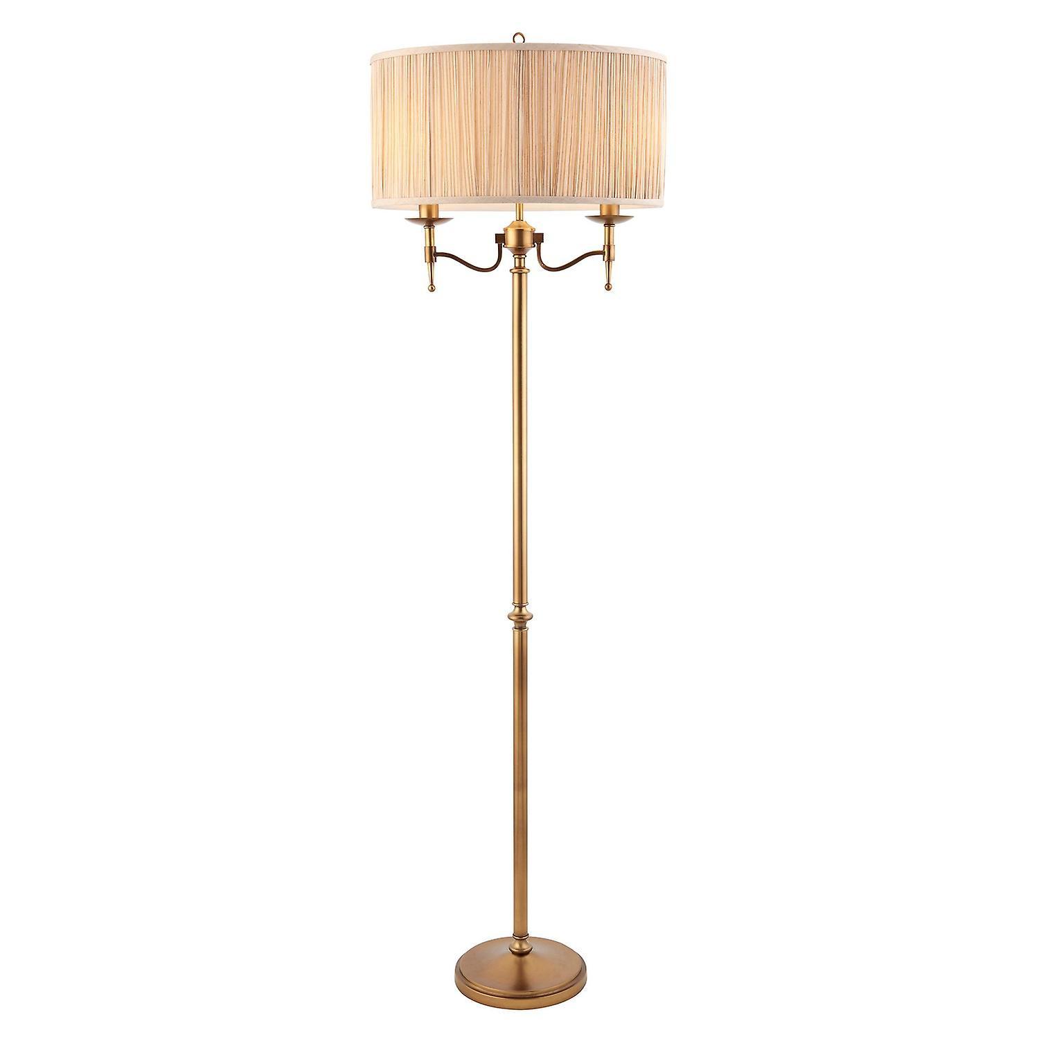 Stanford 2 Light Floor Lamp Antique Brass with Beige Shade E14