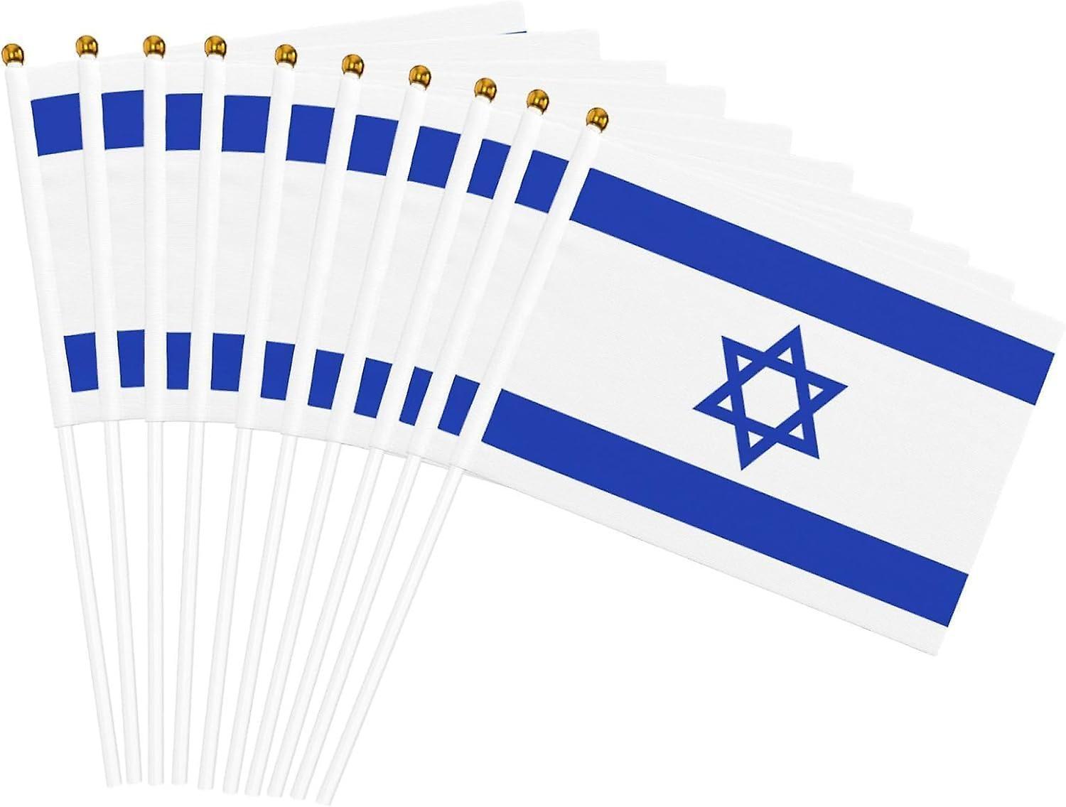 Fongwan 10 Pack Israel Mini Flag, Hand Held Small Miniature Israeli Flags 5.5x8.3 Inch With White Pole 30Pcs