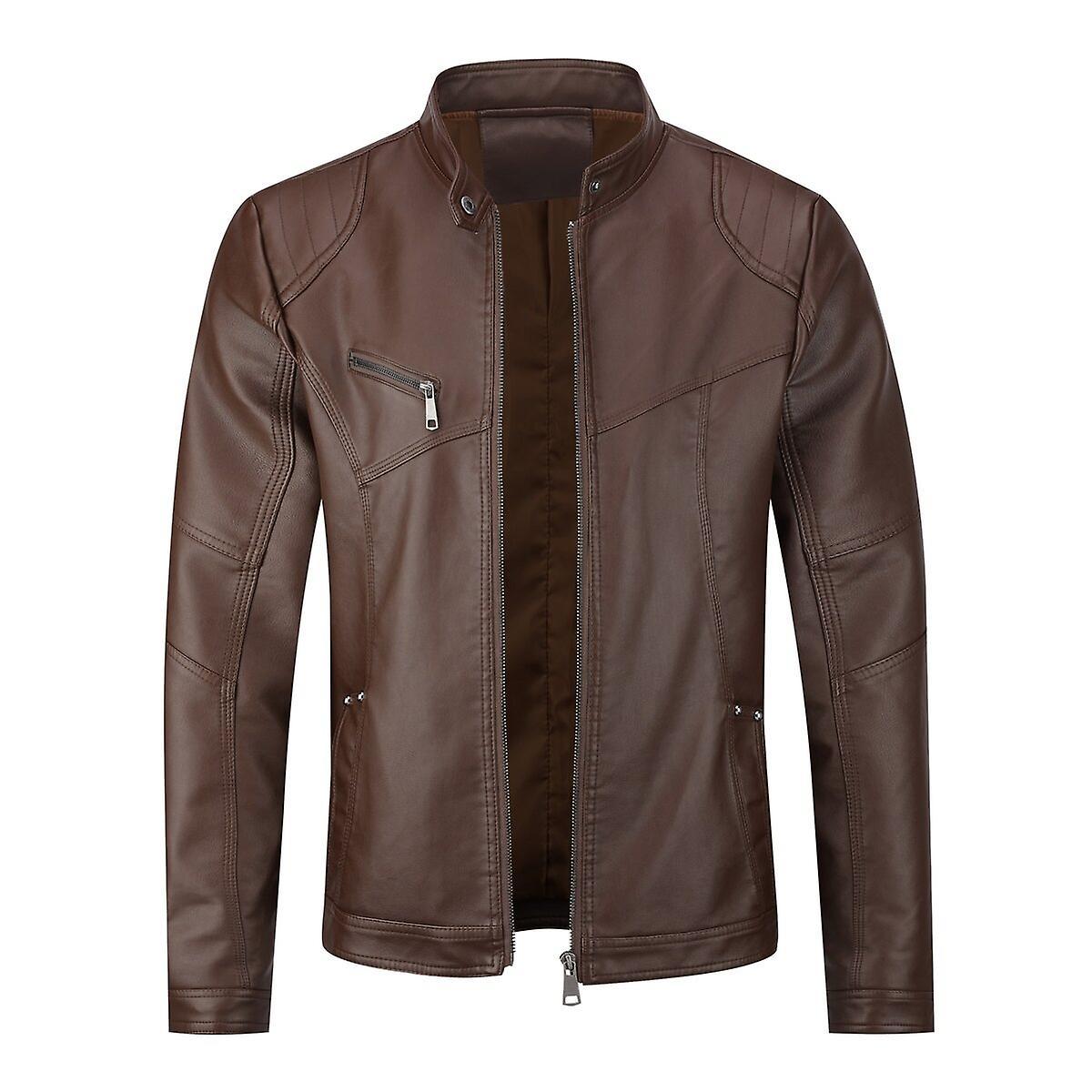 Sliktaa Mens Glossy Slim Fit Waterproof Leather Jacket Brown L