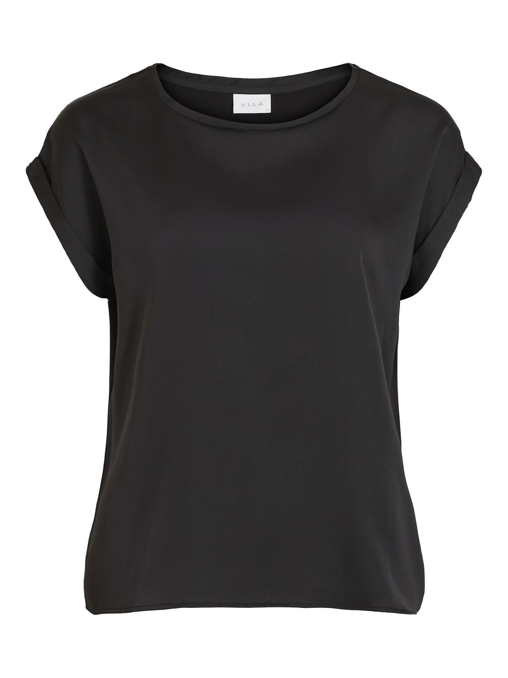 VILA Women's Satin Blouse Tee Short Sleeve Glossy Top VIOLETTE Black XXL (44)