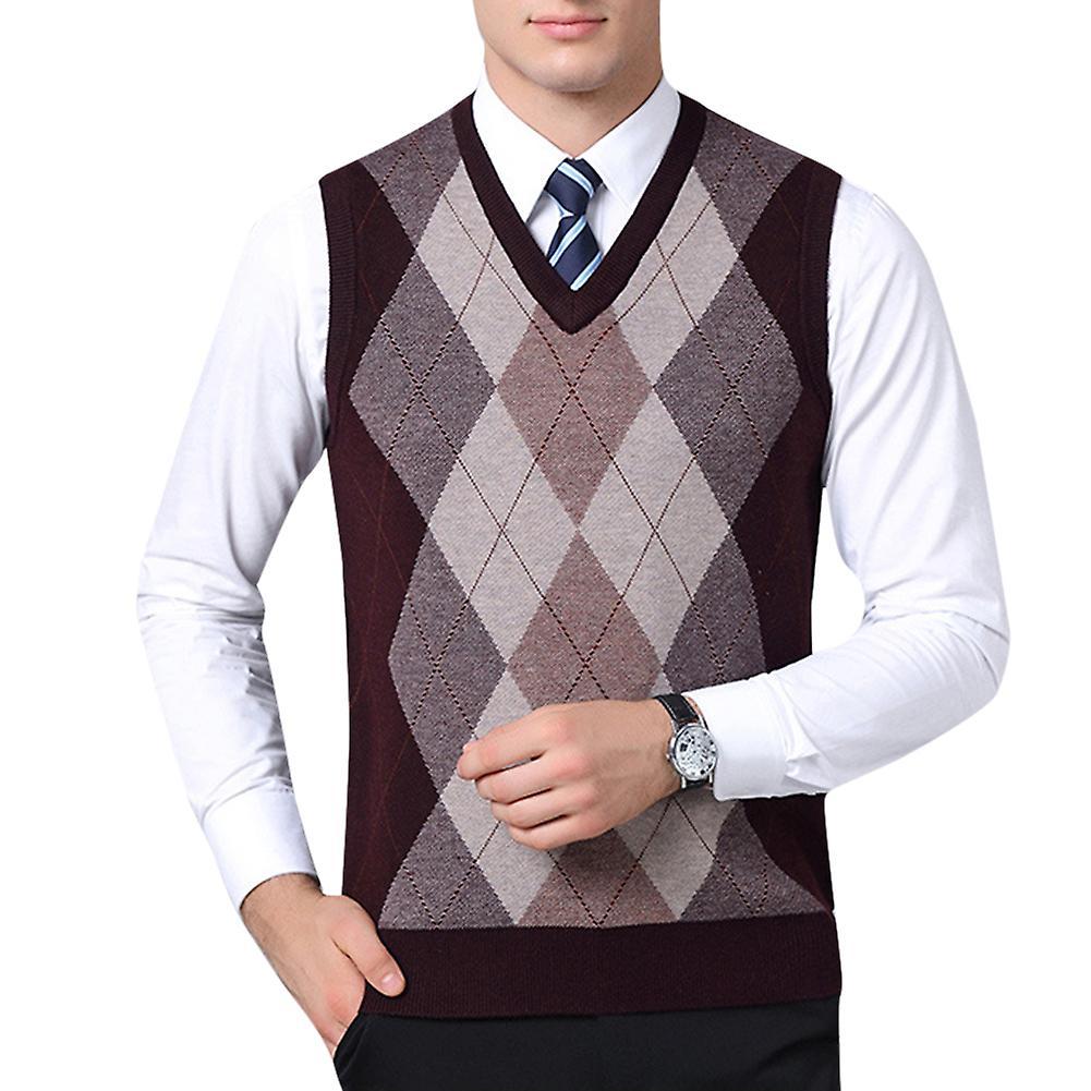 Allthemen Mens Casual Checked Autumn V-neck Knitted Waistcoat Red XL