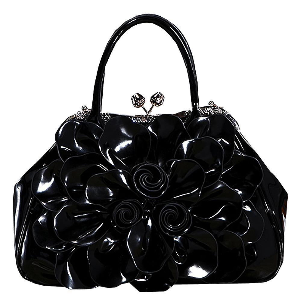 Keluosi Handbags Flower Patent Leather Shoulder Bag Black