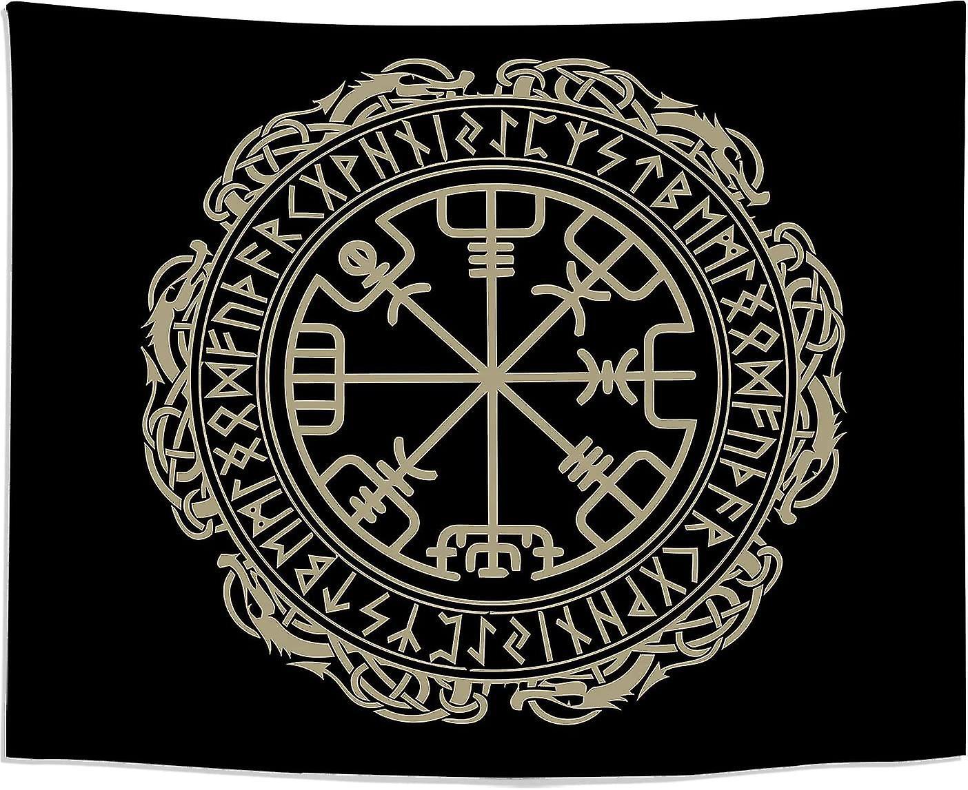 Hono Nordic Viking Rune Compass Wall Tapestry - Personalized Dorm Bedroom Decor - Large Black 200 X 150 Cm