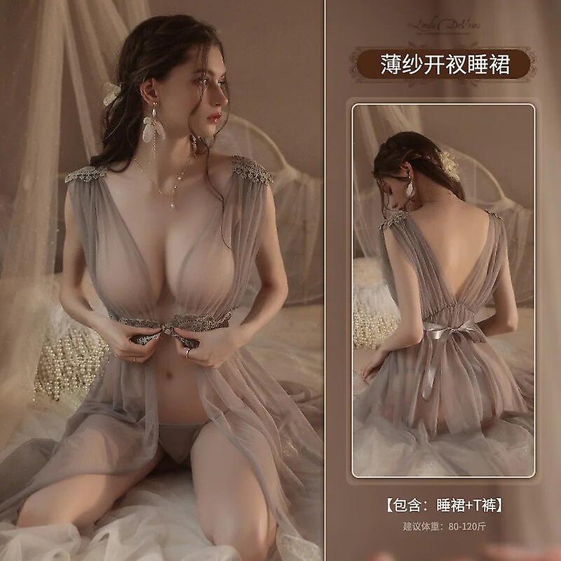 Bolongking Lover temptation Erotic Lingerie Babydoll Dress Sexy Sheer Mesh Split Lace Flower Nightdress Porn Cosplay Costumes Sleepwear set GRAY On...