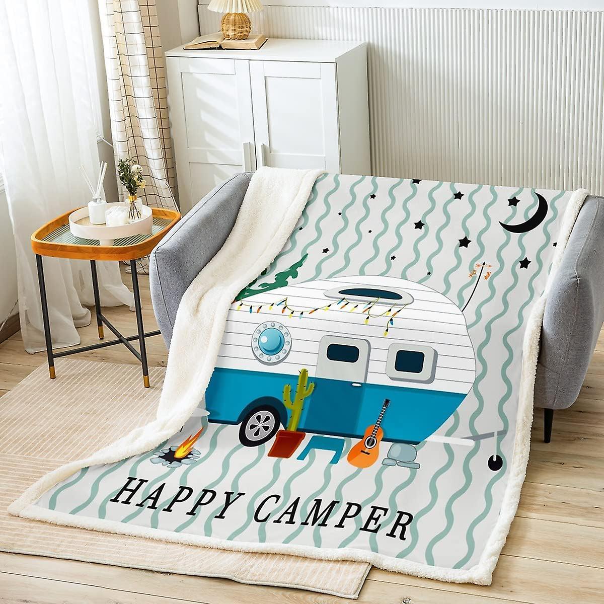 Kerota Camper Fleece Throw Blanket Great Camping Sherpa Blanket for Kids Boys Girls Camping Car Rv Travel Plush Blanket Geometric Stripes Fuzzy Bla...