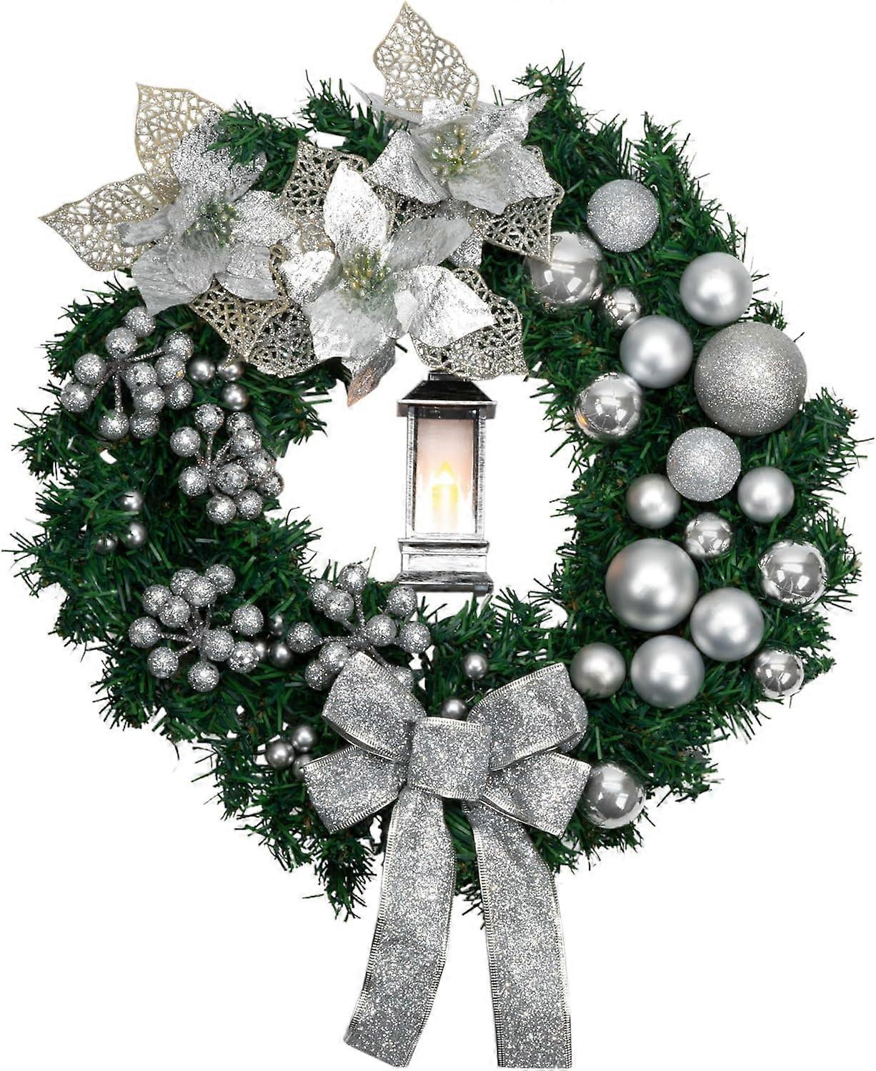 Lertenys 40cm Christmas Wreath with Bows, Baubles & Lantern | Christmas Wreaths for Front Door | Christmas Door Wreaths Home Decor  Silver