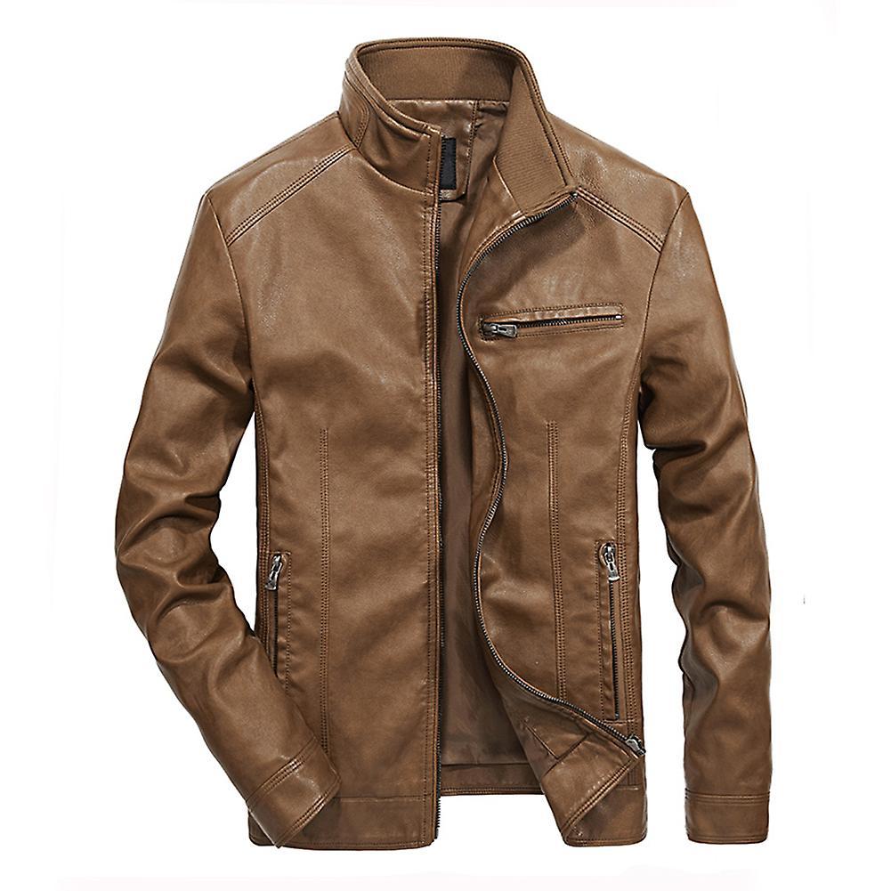 Allthemen Mens Casual Stand Collar Solid Leather Jacket Brown XL