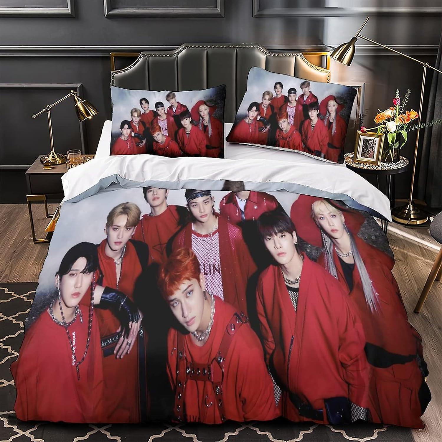 Kerota Stray Kids Stray Kids 3-Piece Bedding Set 3D Stray Kids with Double Microfiber Double Duvet Cover Single135x200cm