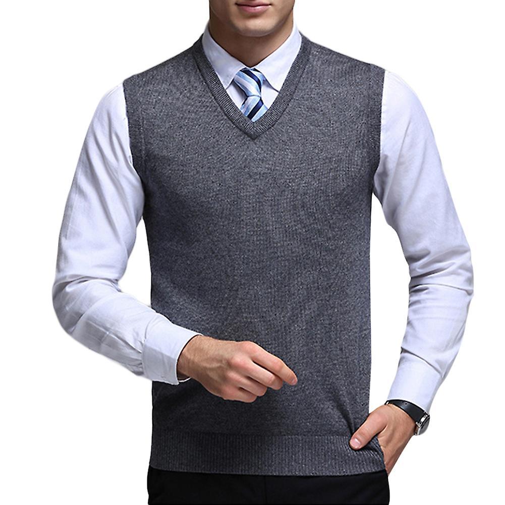 Allthemen Mens Casual Autumn V-neck Solid Knitted Waistcoat Gray S