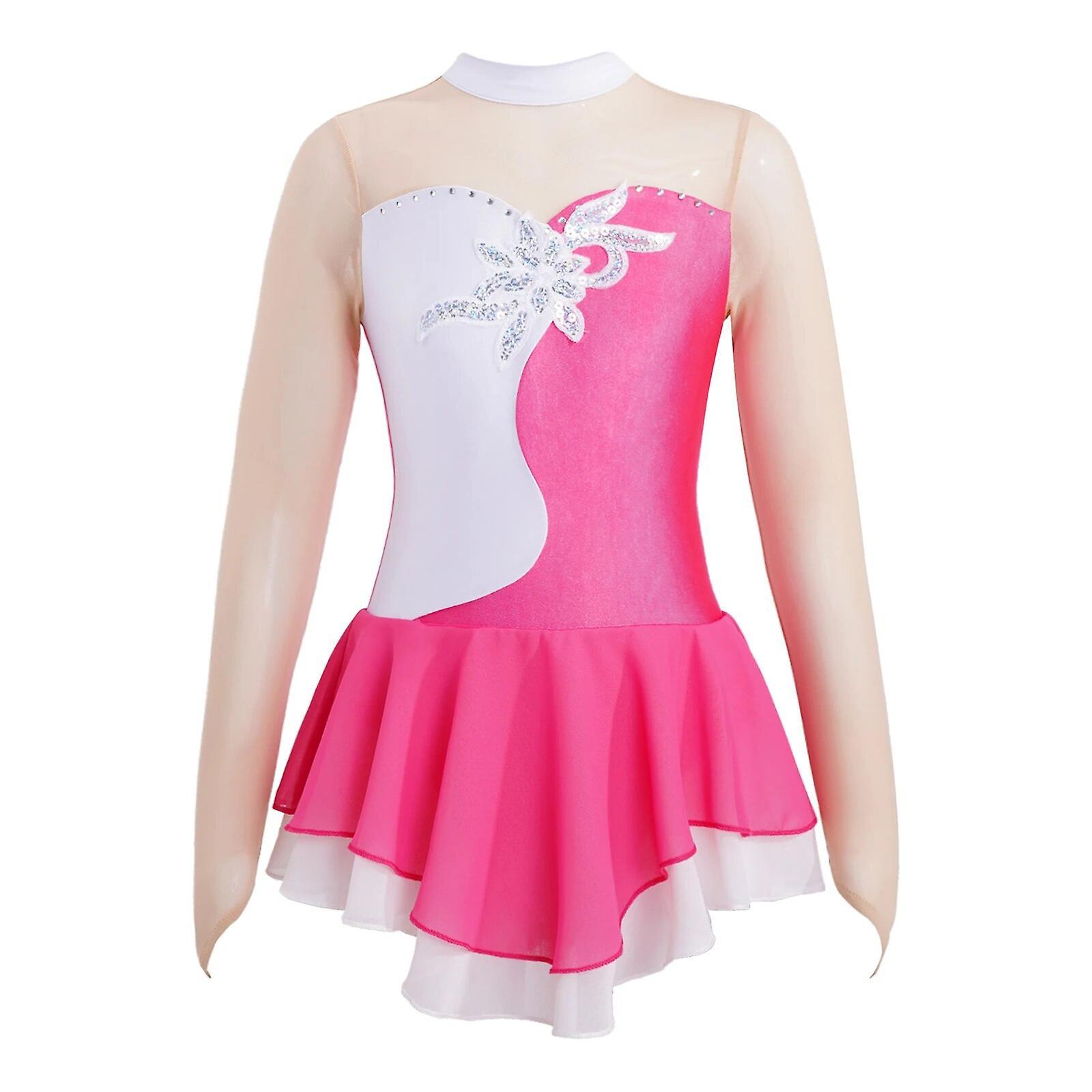 Aionyaaa Figure Skating Dress Kids Girls Long Sleeve Rhinestone Patchwork Ballet Dance Dress Gymnastics Leotard For Dancing Competition 6 Pink D