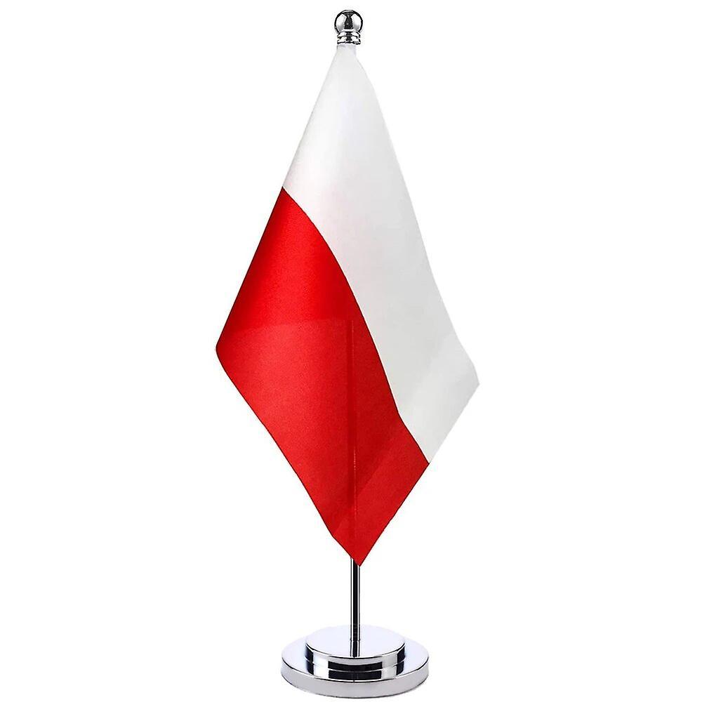 Scitoo 14x21cm Mini Flag Of Poland Banner Meeting Boardroom Table Desk Stand Stainless Steel Pole The Polish Flag National Design Poland Silver Color