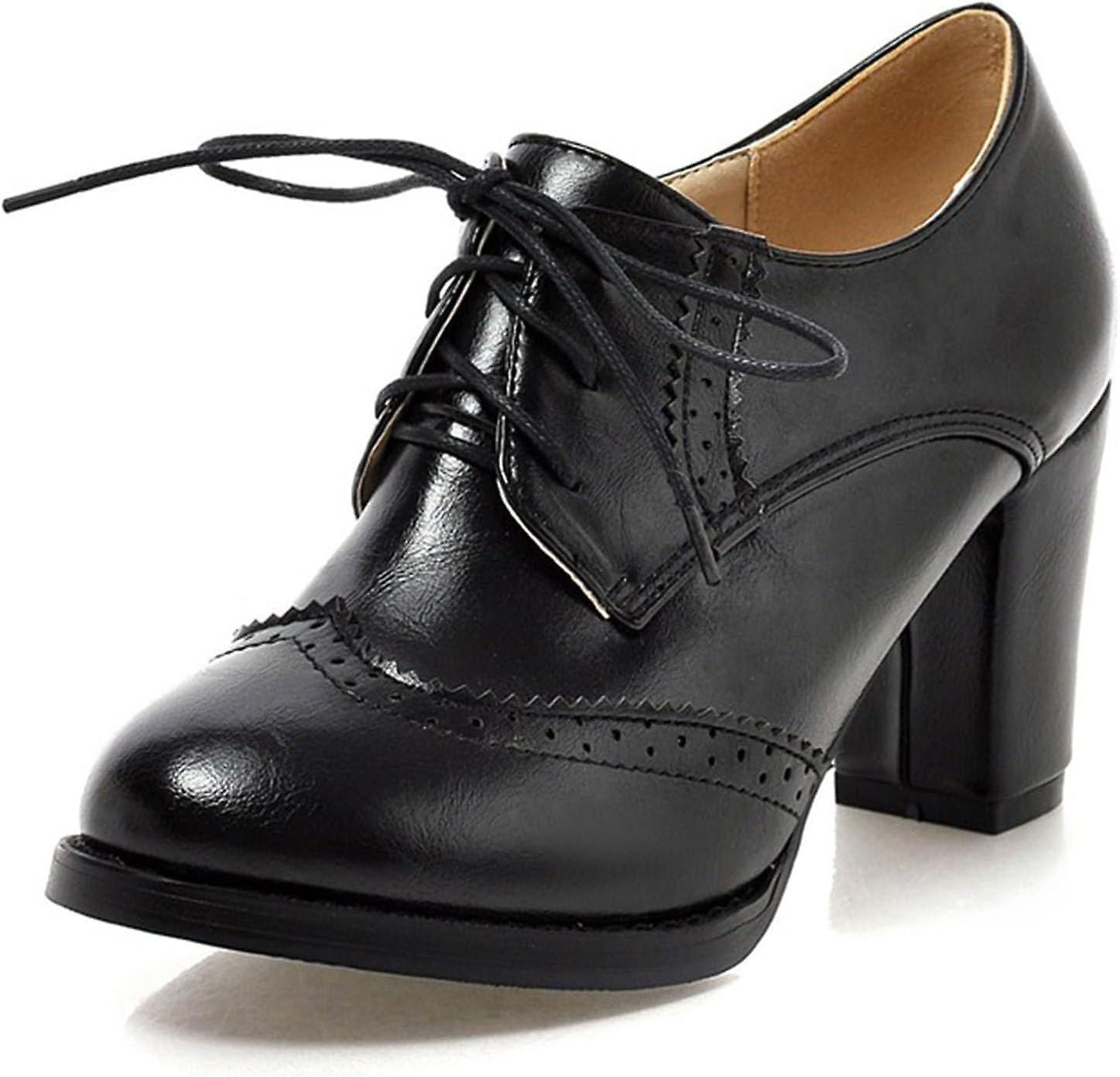 Morakot Women's Chunky Block Heels Oxfords Vintage Wingtip Brogues Round Toe Lace-up Pumps High Heeled Booties Dress Shoes Black EUR41