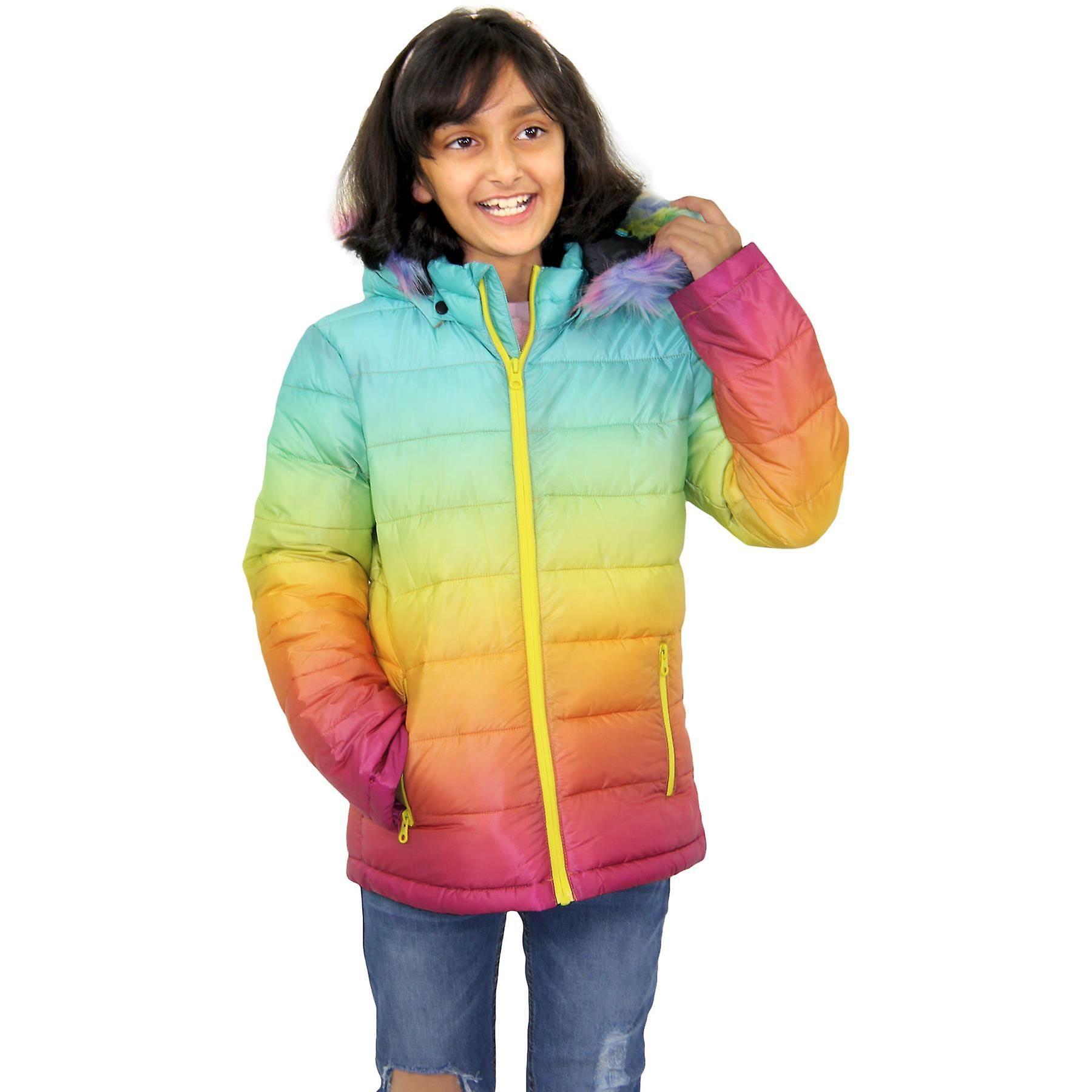 A2Z 4 Kids Girls Puffer Faux Fur Hooded 3D Fade Outerwear Jacket Rainbow 13 Years