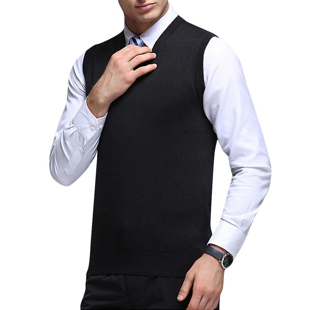 Allthemen Mens Casual Autumn V-neck Solid Knitted Waistcoat Black S