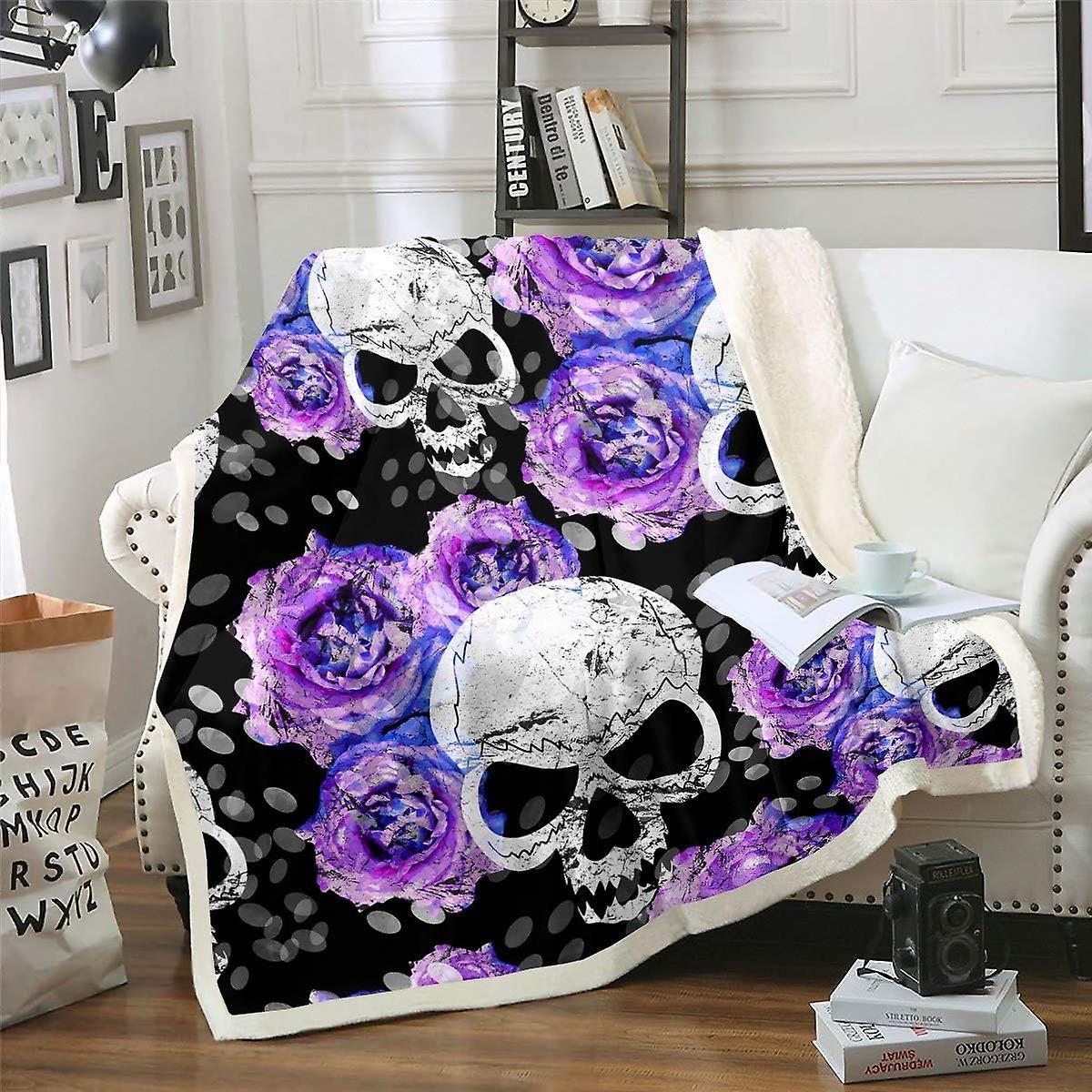 Kerota Girls Rose Skull Plush Throw Blanket Chic Purple Floral Flowers Fleece Blanket for Couch Sofa Skeleton Design Decor Sherpa Blanket Gothic Bo...