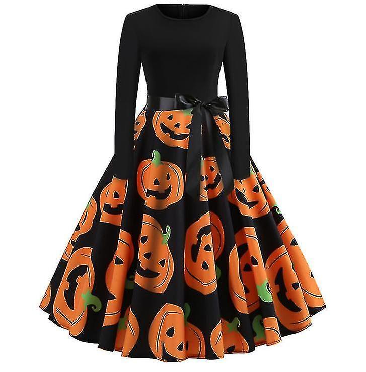 Cryin Halloween Dresses Womens Skeleton Pumpkin Printed Cosplay Party Costume orange M