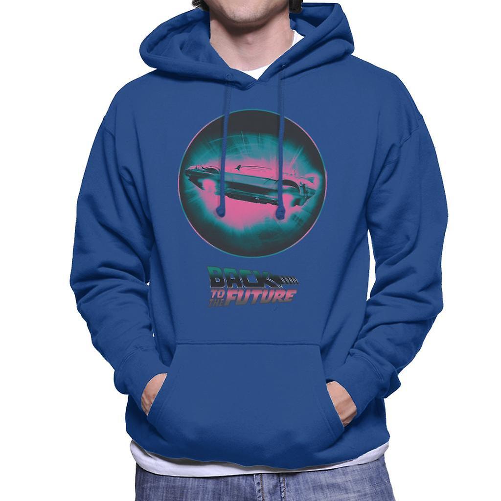 Back to the Future Delorean Flying Pink Haze Men's Hooded Sweatshirt Royal Blue Medium